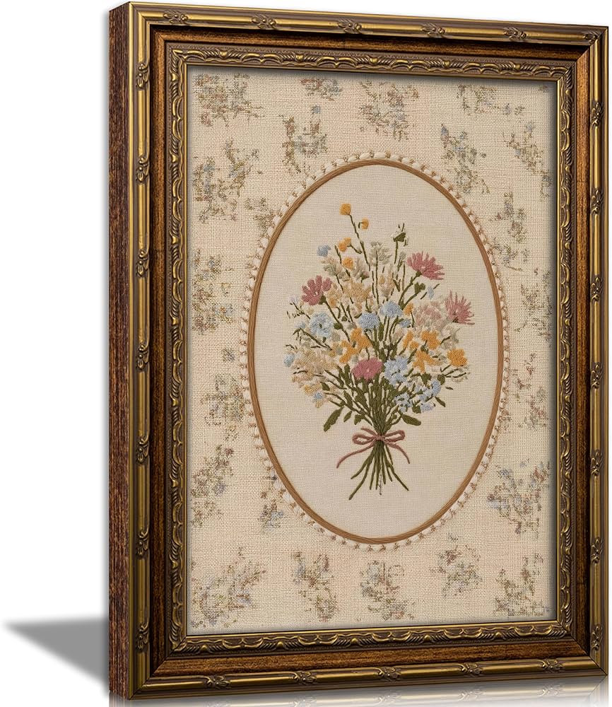 Vintage Gold Framed Wall Art, Cottagecore Pink Wildflower Bouquet Picture Wall Decor, Rustic Farm... | Amazon (US)