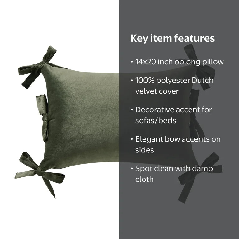 Home Decor Collection 14" x 20" Green Velvet Bow Oblong Decorative Pillow | Walmart (US)
