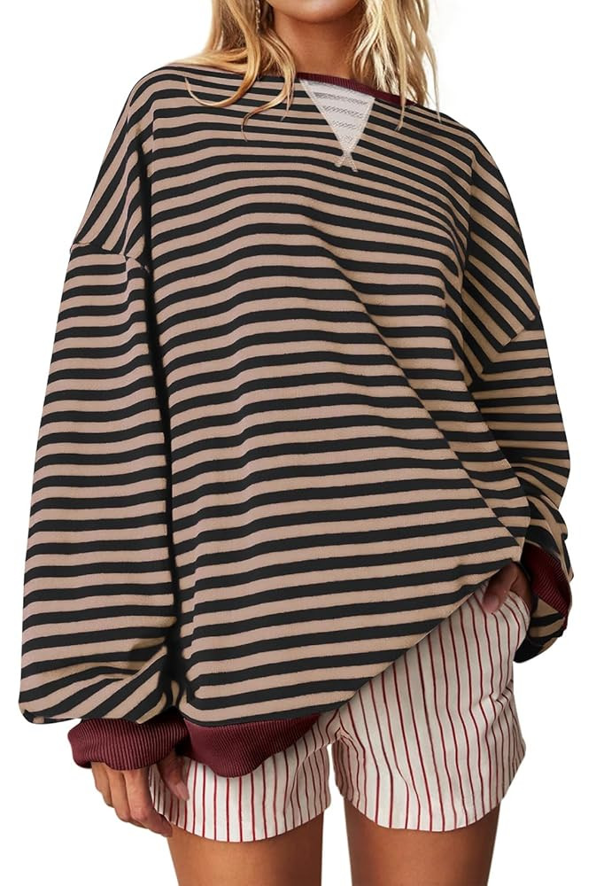 UEU Women Striped Oversized Sweatshirt Color Block Crewneck Long Sleeve Pullover Top Fashion Tren... | Amazon (US)