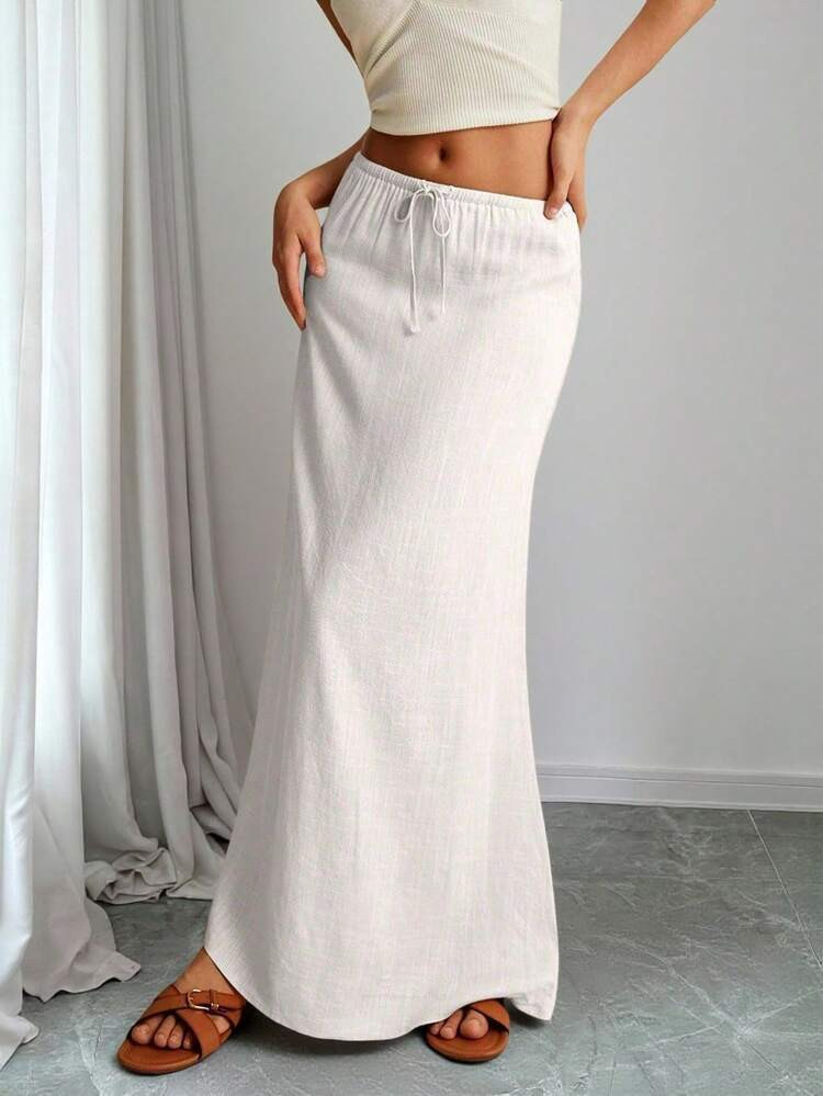 Women's Casual Vacation Solid Color Linen Blend Simple Drawstring Skirt Fall Clothes Elegant Fall Dresses | SHEIN