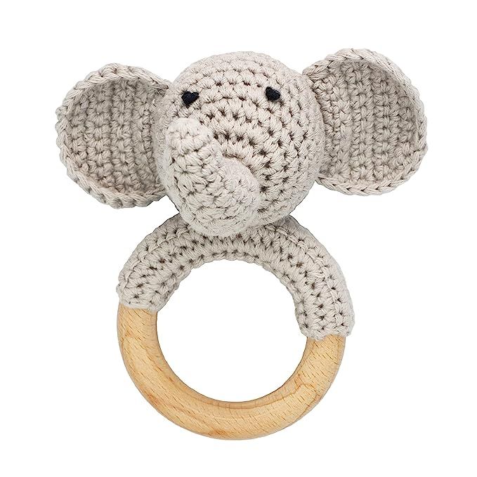 Joliecraft Woodland Friends Baby Rattle Shaker Toy with Wooden Teething Ring Gray Elephant | Amazon (US)