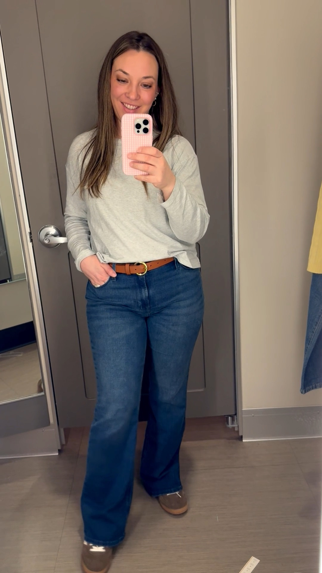 Casual outfit spring longsleeve tee flare jeans brown neutral sneakers tan leather belt 

I love the fit of this shirt (and the price 😍). I wear between small - medium and I have a small in this top. It’s the perfect casual shirt to throw on and go. I have in multiple colors 😉
I love these jeans because they have stretch but aren’t three sizes bigger by the end of the day 🎉 I am normally a size 8 but I took a 6 in these! These are the regular length and I am 5,3”. 🥰
My sneakers are my favorite pair I own right now. They run about a half size to a full size big. I have been buying size 8 lately and I sized down to a 7 in these  

#LTKootd #LTKmomlife