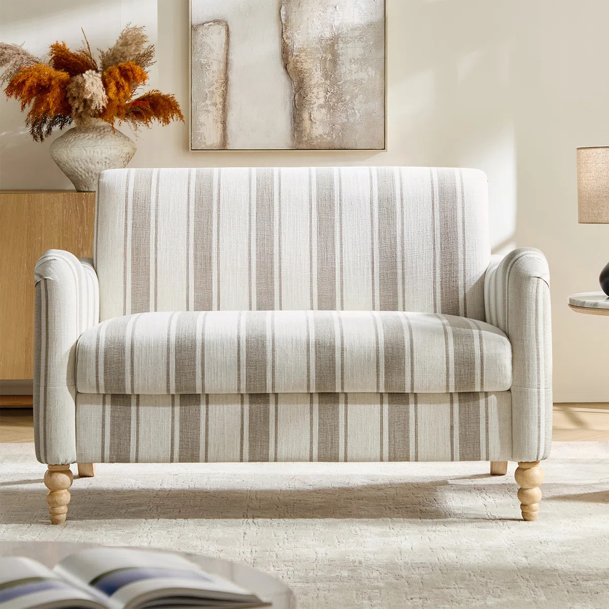 Terren 50.5"W Farmhouse Linen Upholstery Loveseat With Solid Wood Spindle Legs | Wayfair North America