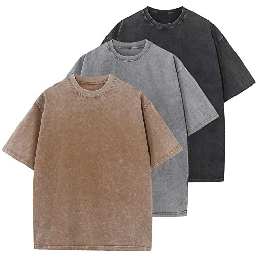 3 Pcs Oversized Heavy Cotton Summer T-Shirts Vintage Unisex Short Sleeves Casual Loose Basic Tops(A-Coffee+Grey+Black 3XL) | Amazon (US)