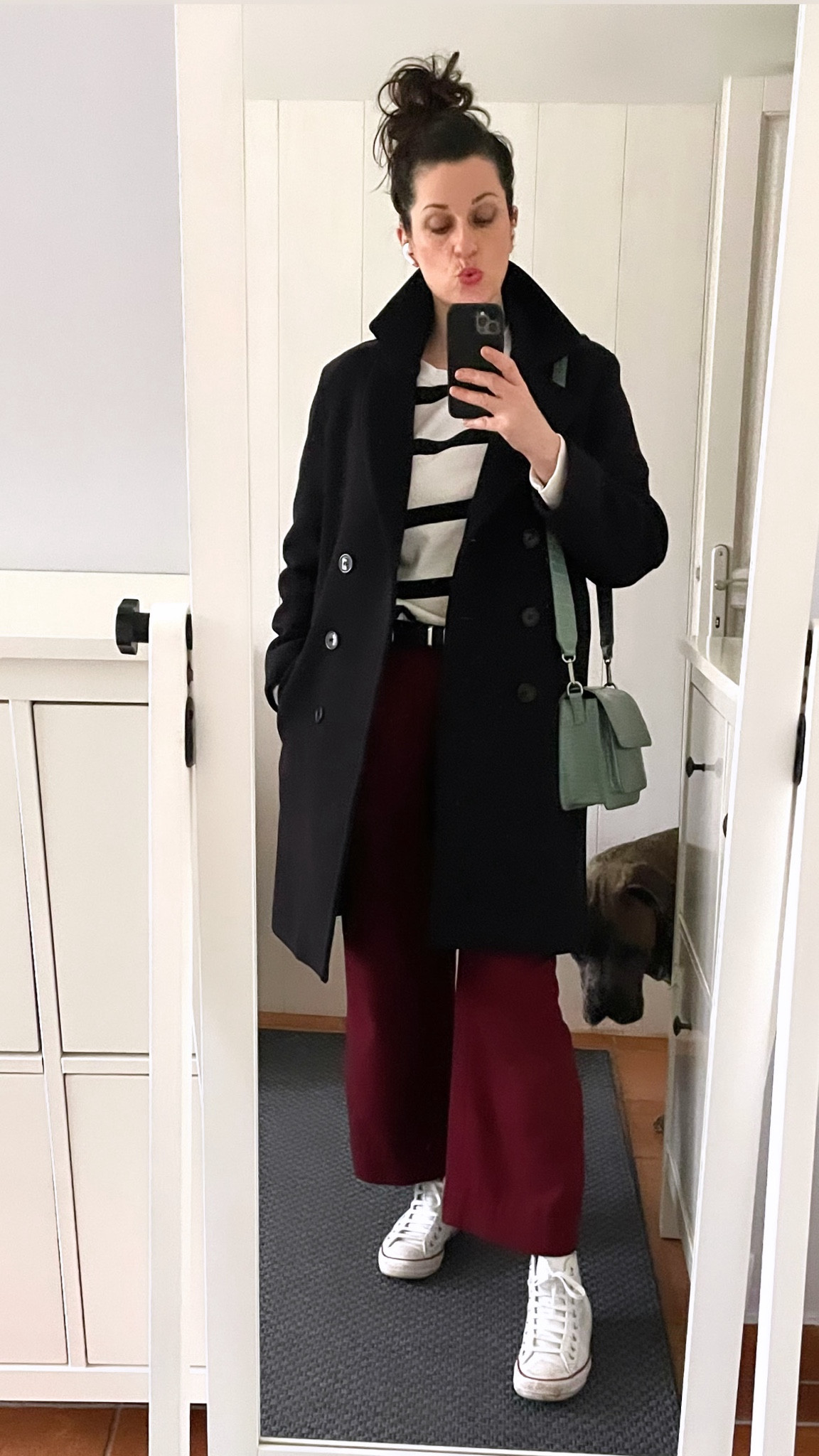 Navy peacoat #pablo / Striped sweat-shirt #hm / Western belt #zaraman / Burgundy wool flare crop #comptoirdescotonniers / Mint green crossbody bag #hvisk / White leather Chuck Taylor high tops #converse 

#LTKover40 #LTKmidsize #LTKeurope