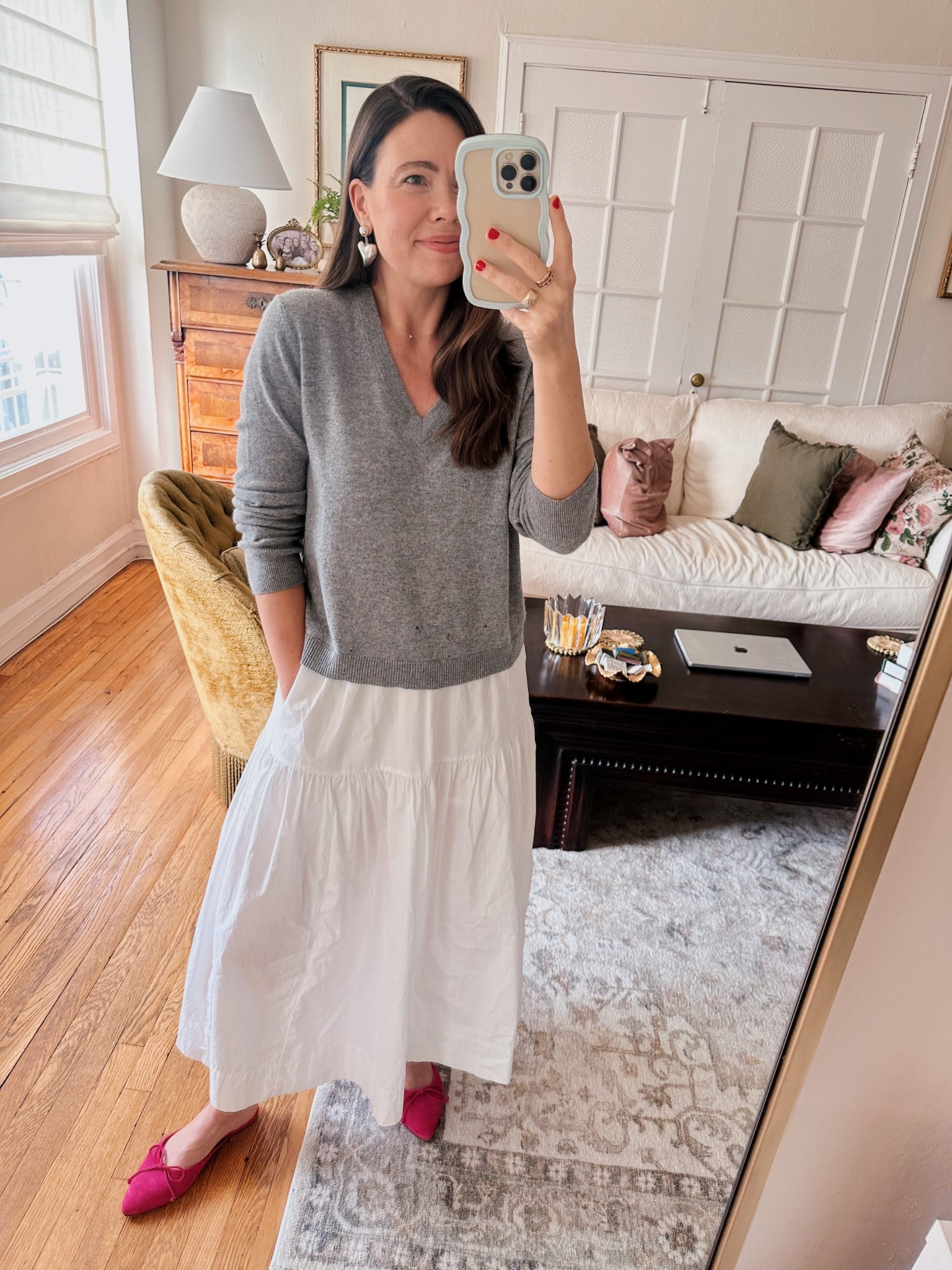 Jenni Kayne grey Flynn sweater and white skirt with pink Margaux flats  

#LTKSeasonal #LTKStyleTip #LTKOver40