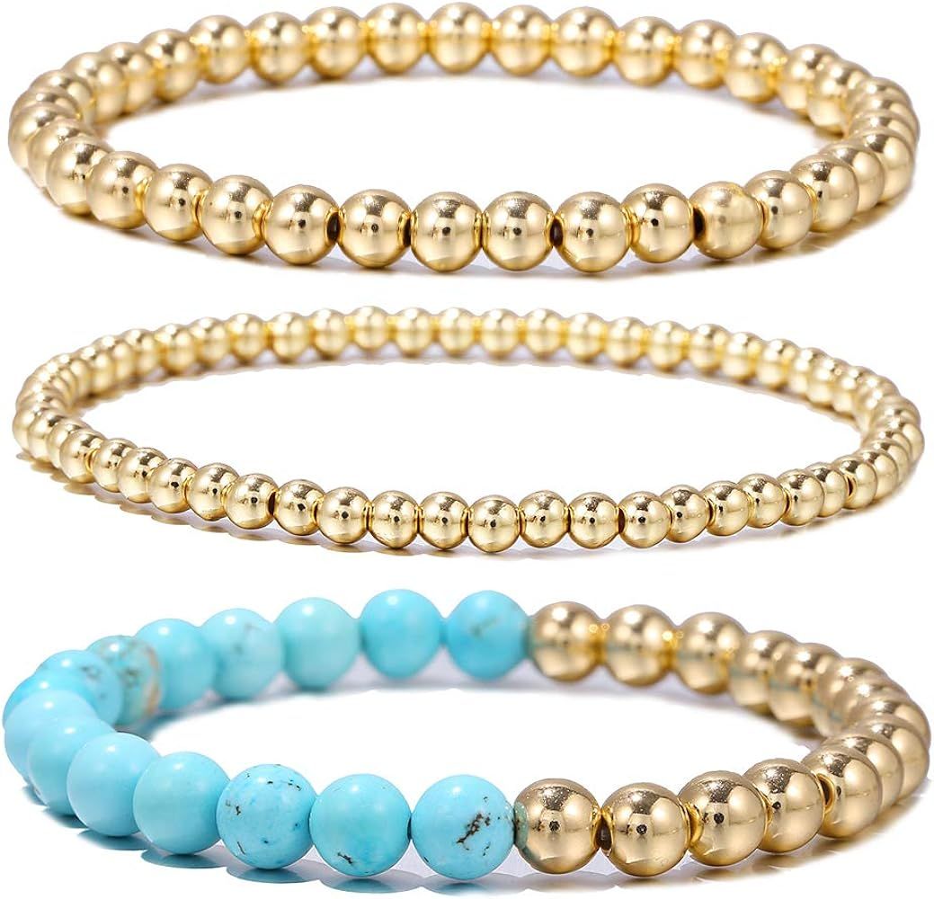 14K Gold Plated Beaded Bracelets Letter Stretch Dainty Stackable Bracelet for Women Girls | Amazon (US)
