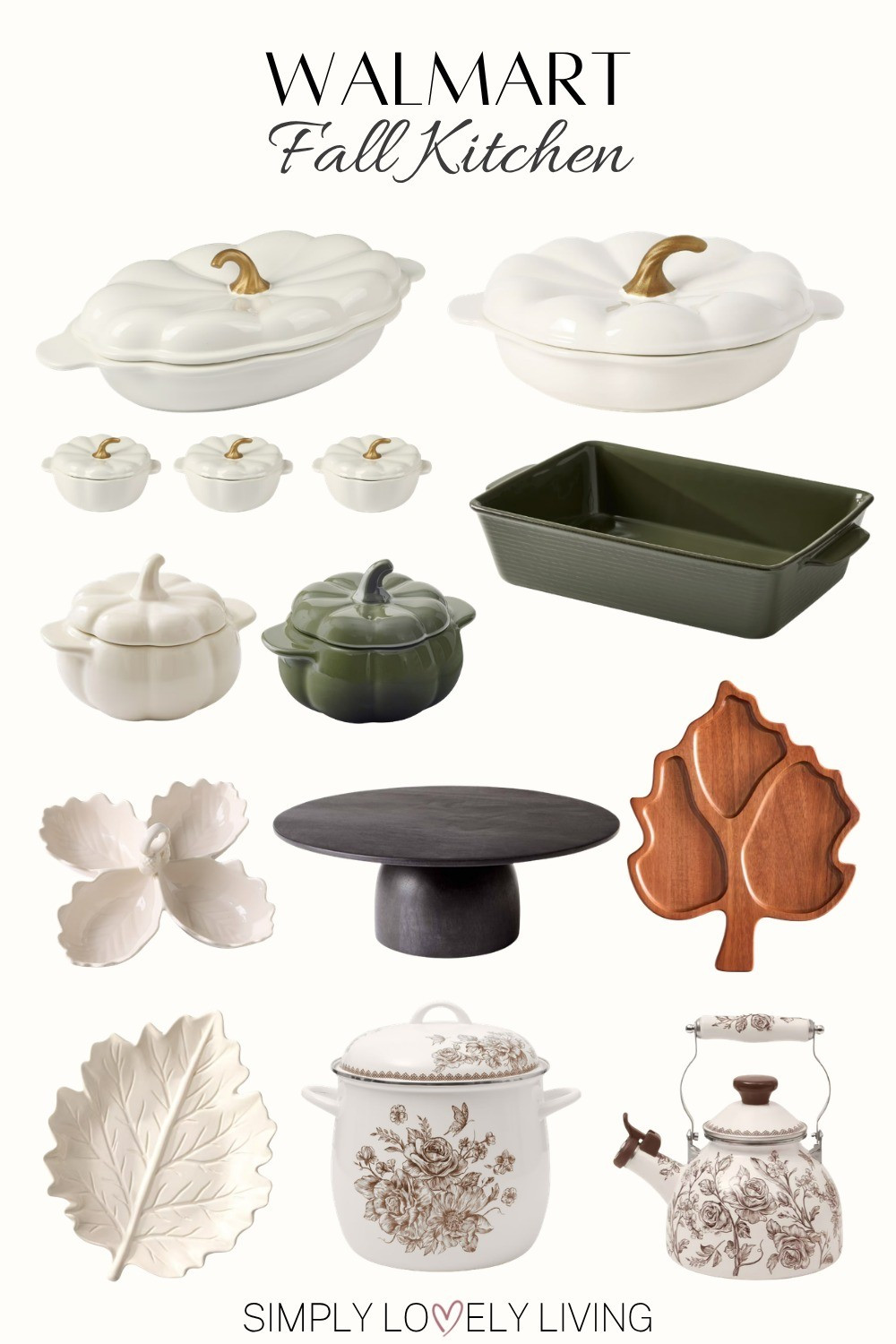 Walmart Fall kitchen items. Pumpkin shaped pie pans and dishes. Mini pumpkin stoneware. Green baking dish. Pumpkin stoneware cocotte with lid. Wooden leaf shaped serving board. 4 leaf serving bowl. Fall leaf  serving platter. Black cake stand. Floral steel stock pot. Floral tea kettle. #fall

#LTKSeasonal #LTKHome