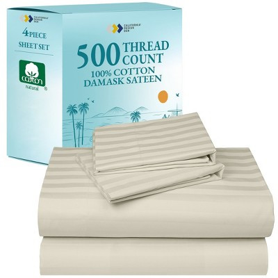 500 Thread Count Bed Sheets - 100% Cotton Sateen Sheets Set, Soft, Breathable, Deep Pocket by California Design Den - Ivory Striped, Full | Target