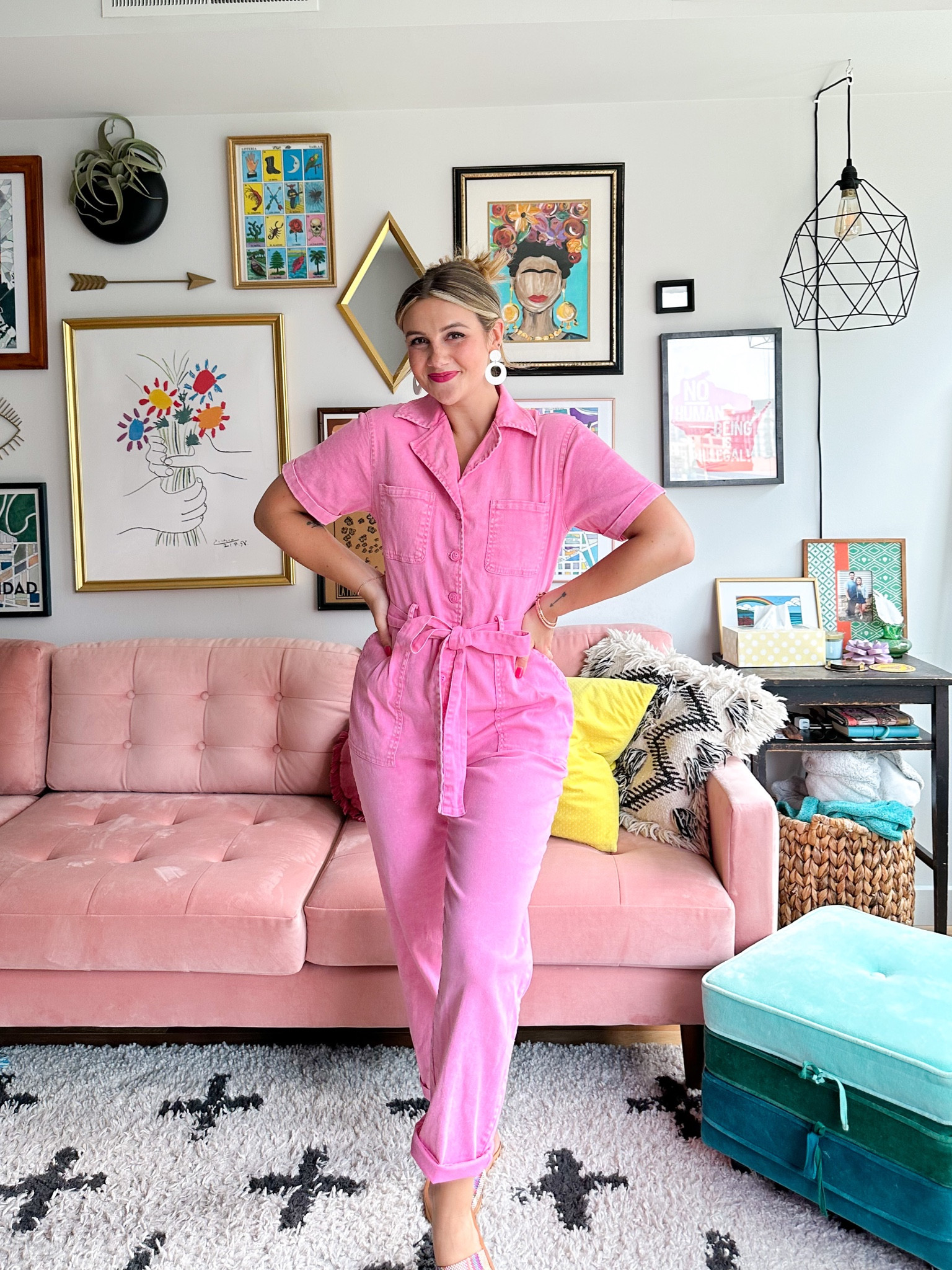 Earrings are Barbie-inspired by @KatieWhiteDesigns15 on Instagram!
Wearing a small in the jumpsuit 