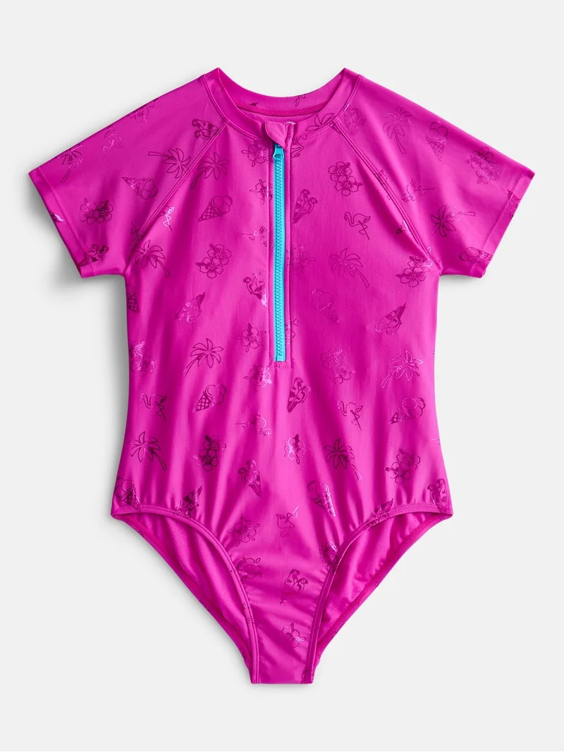 Wonder Nation Girls Zip-Up Rash Guard One-Piece Swimsuit with Short Sleeves, Sizes 4-18 | Walmart (US)