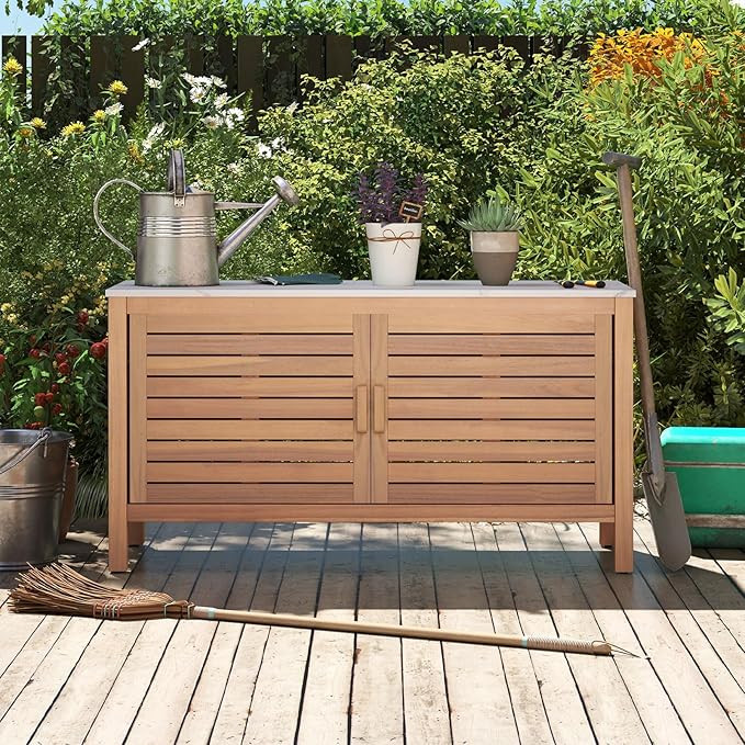 Goplus Patio Storage Cabinet, 2-Door Acacia Wood Console Table with Faux Marble Top, Outdoor Wood... | Amazon (US)