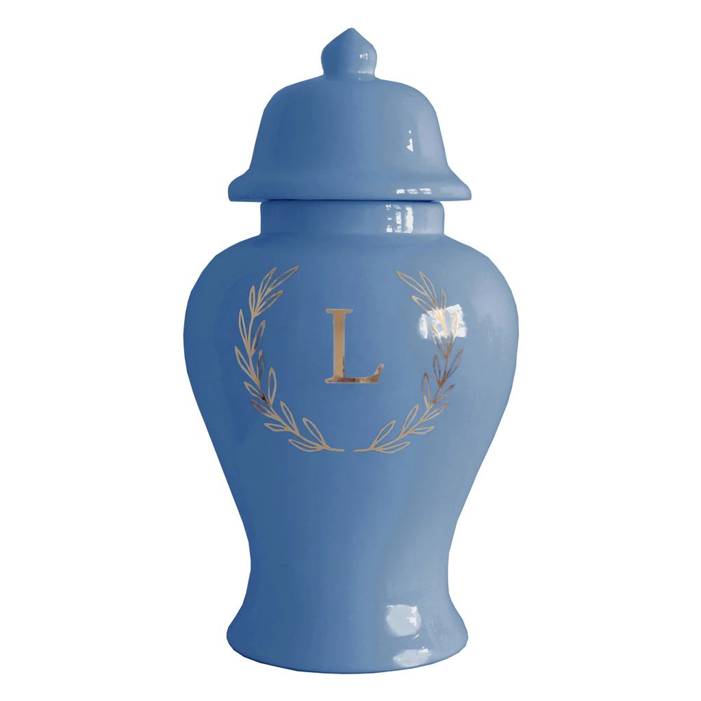 Single Letter Laurel Wreath Monogram Ginger Jars in French Blue | Lo Home by Lauren Haskell Designs