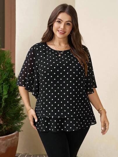 Plus Size Summer Casual Flowy Chiffon Polka Dot Print Ruffle Sleeve Blouse | SHEIN