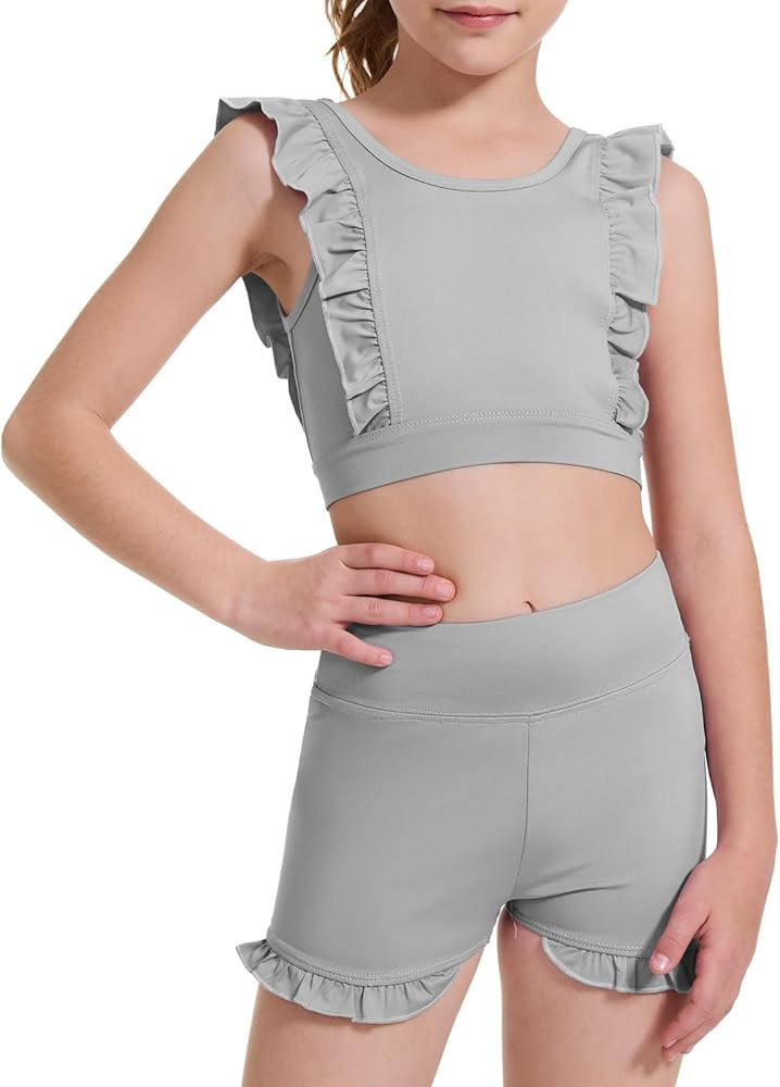 Girls 2 Piece Outfits Athletic Ruffle Short Sets Training Bra Crop Tank with High Waisted Dance S... | Amazon (US)