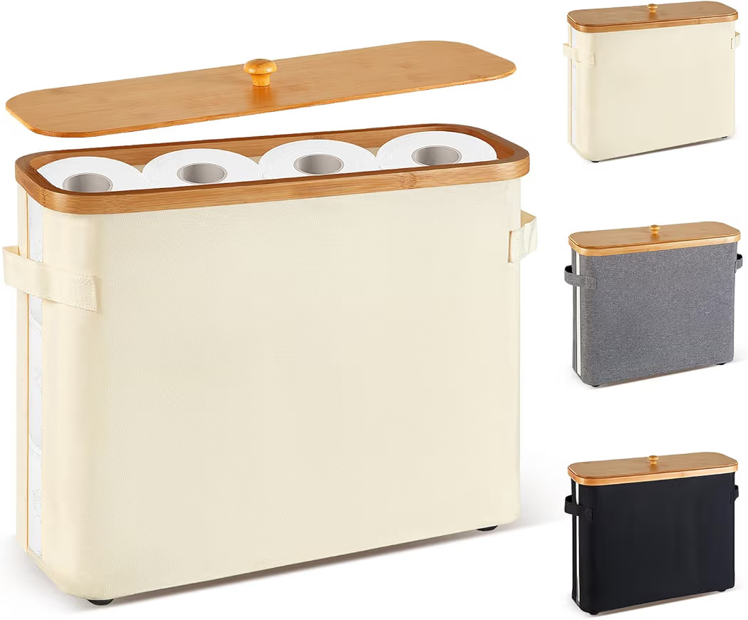 Toilet Paper Storage Basket with Lid and Handle for Bathroom， Bamboo Collapsible Toilet Paper H... | Amazon (US)