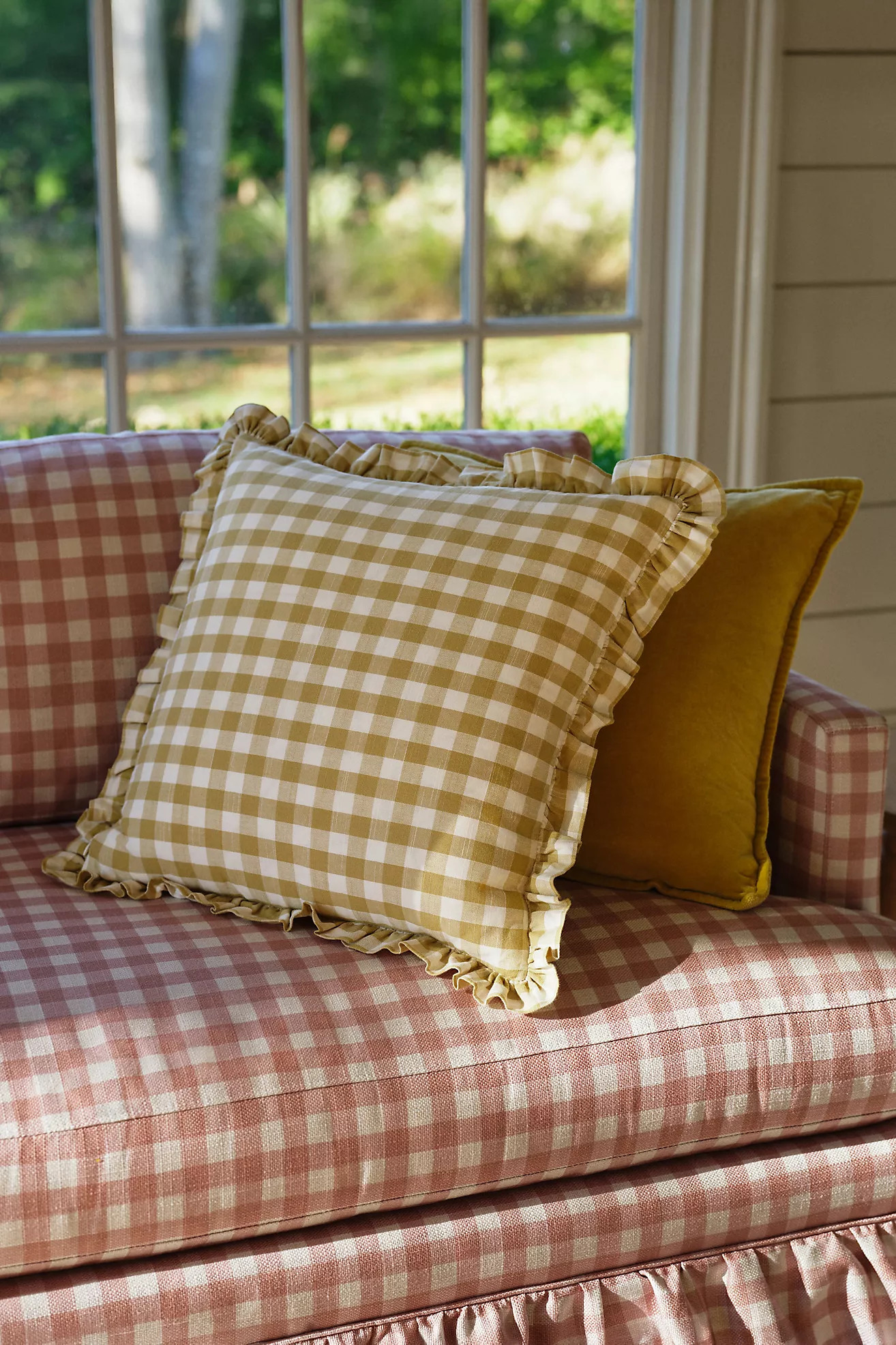 Ana Cotton Gingham Printed Ruffle Pillow | Anthropologie (US)