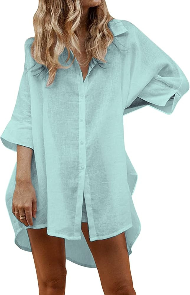 Zeagoo Women Swimsuit Coverup 3/4 Sleeve Linen Shirts Casual Button Down Beach Cover Up | Amazon (US)