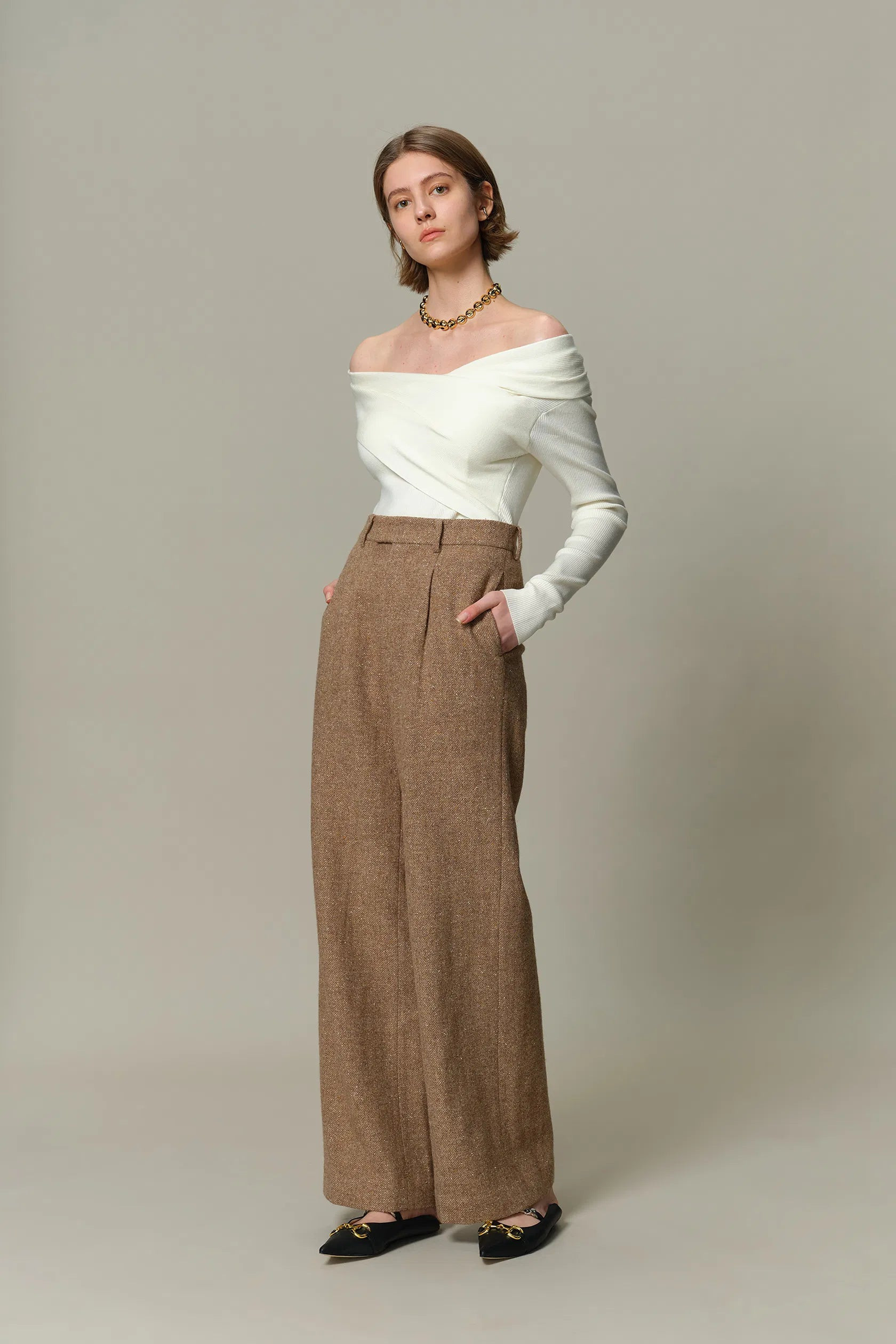 Tilda High Waisted Trousers in Flecked Wool Twill | Fabrique