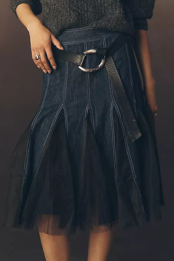 Tulle Godet Denim Mid Skirt | Anthropologie (US)