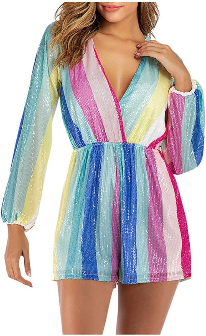Women V Neck Lantern Sleeve Multicolor Striped Sequin Short Rompers Jumpsuits | Amazon (US)