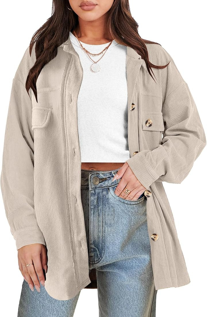 ANRABESS Womens Corduroy Shacket Button Down Shirts Oversized Long Sleeve Casual Cardigan Jacket ... | Amazon (US)