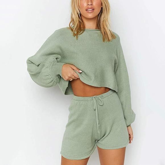 Women's Casual 2 Pieces Outfits Long Sleeve Knit Pullover Sweater Crop Top Shorts Sweatsuit Set | Amazon (UK)