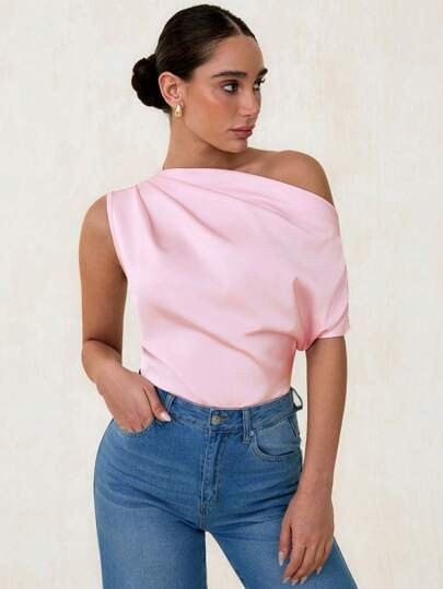 Glamine Women's Satin Asymmetric Ruched Shoulder Blouse, Elegant Casual Loose Fit Spring/Summer One Shoulder Shirt For Work And Daily Wear | SHEIN