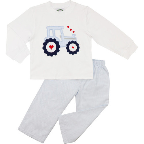 Blue Gingham Tractor Valentine Pant Set | Cecil and Lou