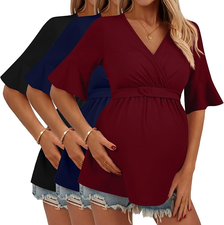 Ficerd 3 Pack Women's Maternity Shirts Flying Short Sleeve Nursing Tops V Neck Breastfeeding Tees... | Amazon (US)