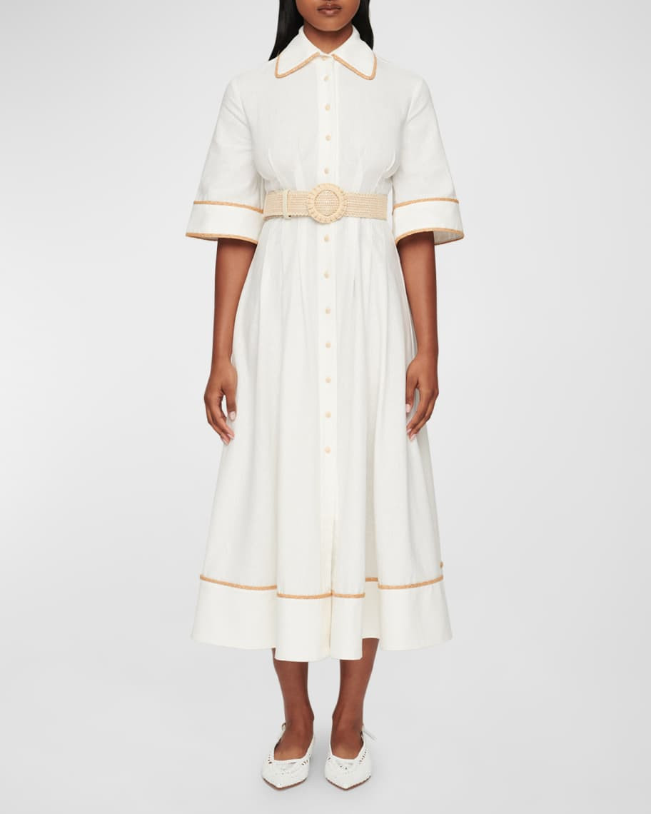 CLEA Lucia Raffia-Trim Midi Shirtdress | Neiman Marcus