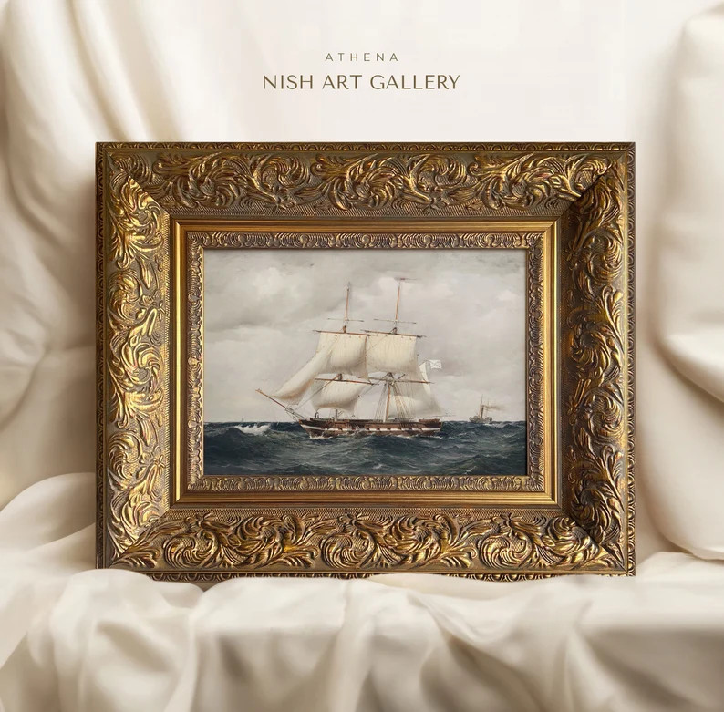 Vintage Art Prints Framed Sailing Ship Painting Print Nautical Wall Art Coastal Decor Office Gift... | Etsy (US)