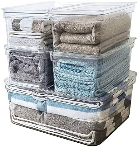 ANMINY 5PCS Lidded Clear Plastic Storage Bins Stackable Baskets Boxes Set with Handles Removable ... | Amazon (US)