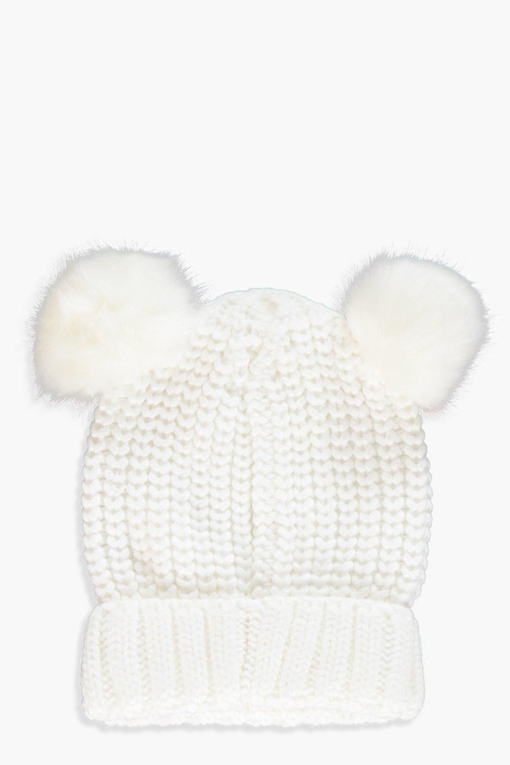 Double Faux Fur Pom Ribbed Beanie | Boohoo.com (US & CA)