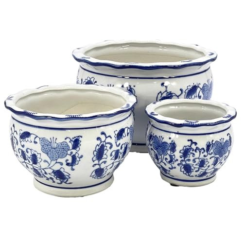 Galt International Blue & White Floral Porcelain Ceramic Decorative Flower Pot 8"/6"/4.5" Garden Pots Chinese Asian Design - Set of 3 Round | Amazon (US)