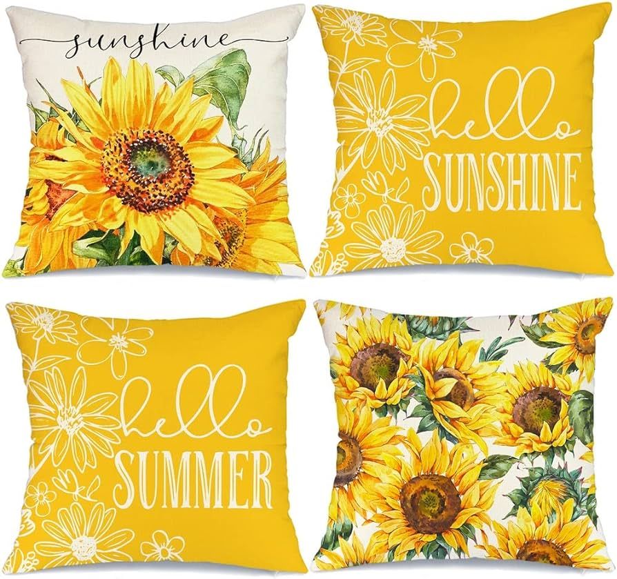 Summer Pillow Covers 18x18 Inch Set of 4 Hello Sunshine Sunflowers Pillows Decorative Thro... | Amazon (US)