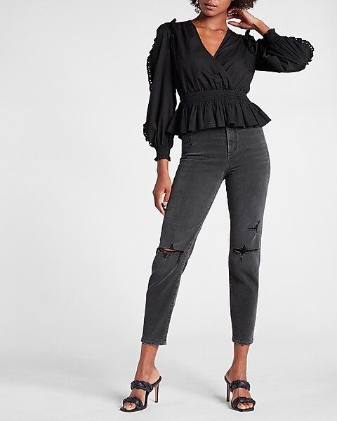 Eyelet Ruffle Wrap Front Peplum Top | Express