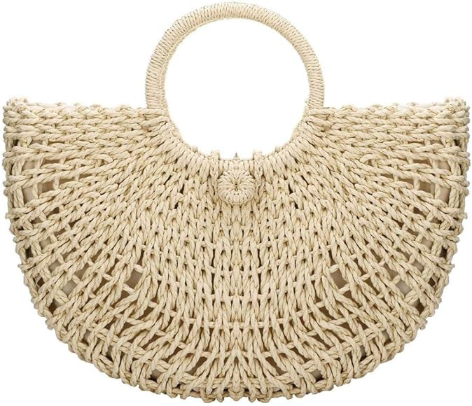 Gets Handwoven Rattan Top-handle Bag for Women Bohemian Round Straw Tote Bag Beach Large Carrying Ha | Amazon (US)