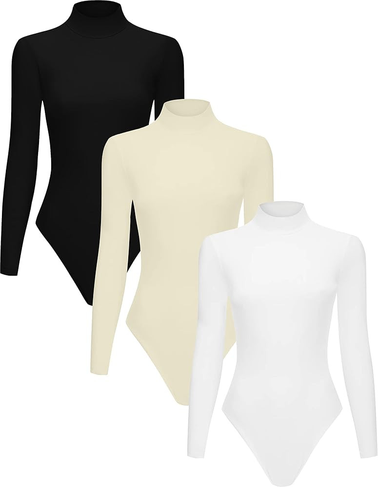 3 Piece Women's Mock Turtle Neck Long Sleeve Tops Bodysuit Jumpsuit | Amazon (US)