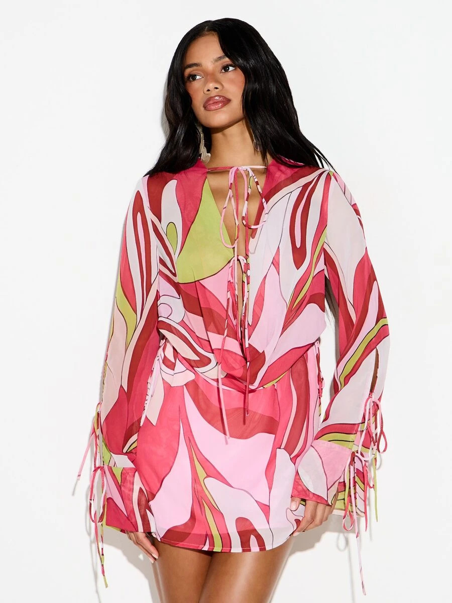 KIZN Women's Chiffon Cowl Neck Tie Front Long Sleeve Mini Dress Abstract Floral Print Party Eveni... | SHEIN