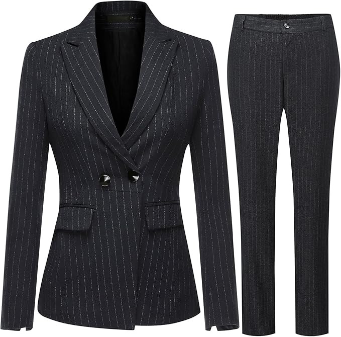 YUNCLOS Women's 2 Piece Office Lady Stripes Business Suit Set Slim Fit Blazer Jacket Pant | Amazon (US)