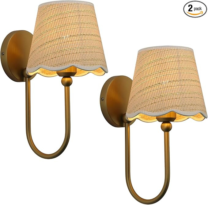 Pathson Hardwired Set of 2 Wall Sconces Boho Rattan Lampshade, Vintage Curved Arm Bathroom Vanity... | Amazon (US)