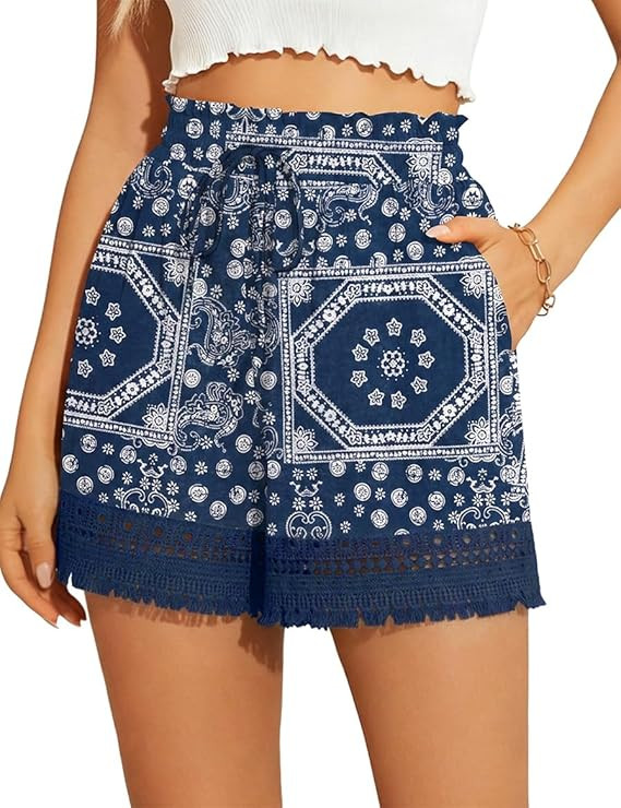 AKEWEI Womens Elastic High Waist Cotton Shorts Casual Ladies Drawstring Lace Summer Beach Shorts | Amazon (US)