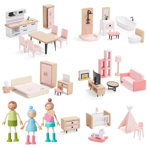 Giant bean 36pcs Wooden Dollhouse Furniture Set with Dolls for 5 Rooms, Wood & Plastic Pink Dollhouse Accessories Pretend Play Furniture Toy Christmas Birthday Gift Toy for Kids Boys Girls Toddler 3+ | Amazon (US)