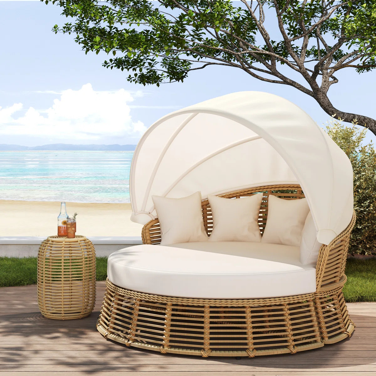 Outdoor Patio Rattan Round Daybed With Retractable Canopy, Removable Cushions | Wayfair North America