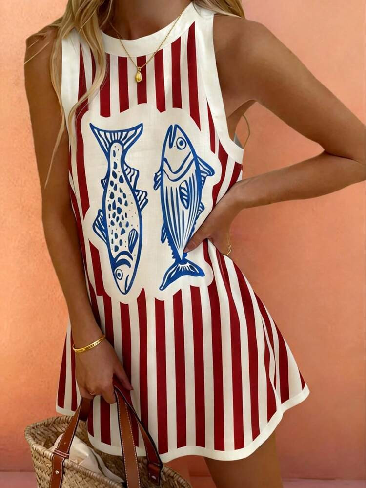 Starfish Boho Style Summer Beach Casual Comfortable Vintage Colorblock Striped Fish Scale Print Sleeveless Dress, Brunch Outfit For Women Elegant | SHEIN