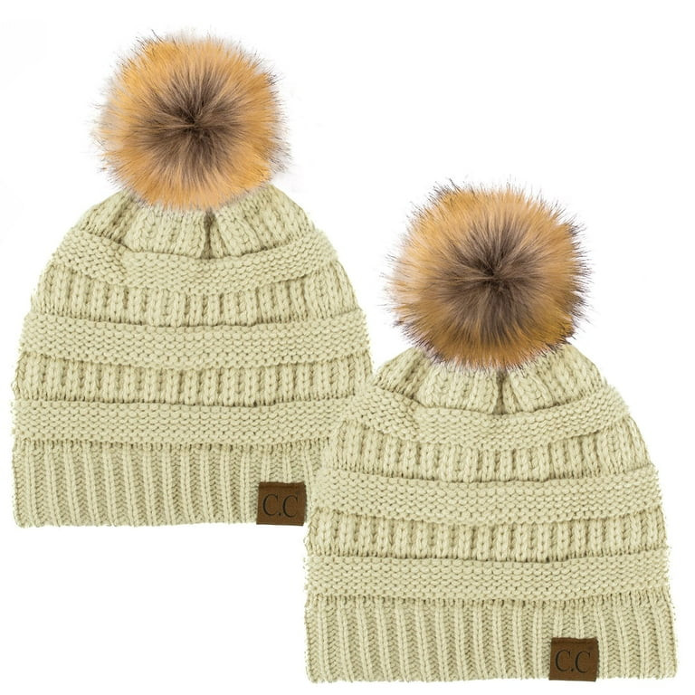 C.C Hat-43 Thick Warm Cap Hat Skully Faux Fur Pom Pom Cable Knit Beanie 2 Pack Beige/Beige - Walm... | Walmart (US)