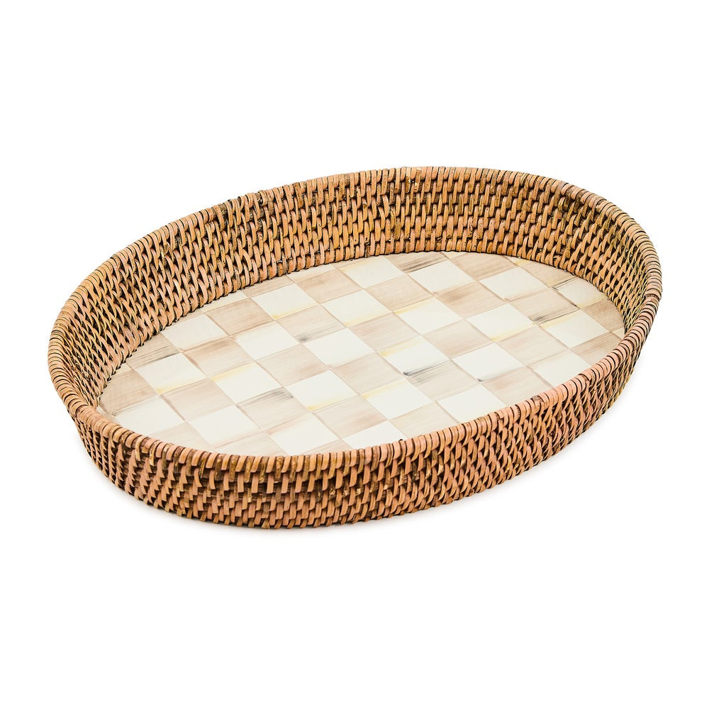 Mocha Check Enamel & Rattan Large Tray | MacKenzie-Childs