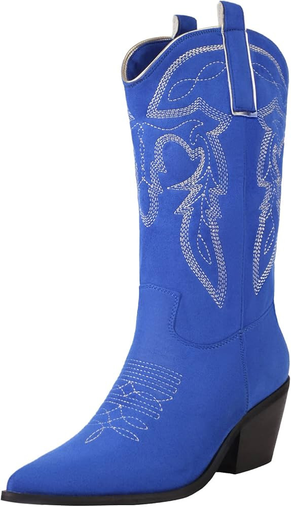 Reitoye Women's Embroidered Western Cowboy Boots Mid Calf Chunky Heel Pull-Up Tabs Classic Cowgir... | Amazon (US)