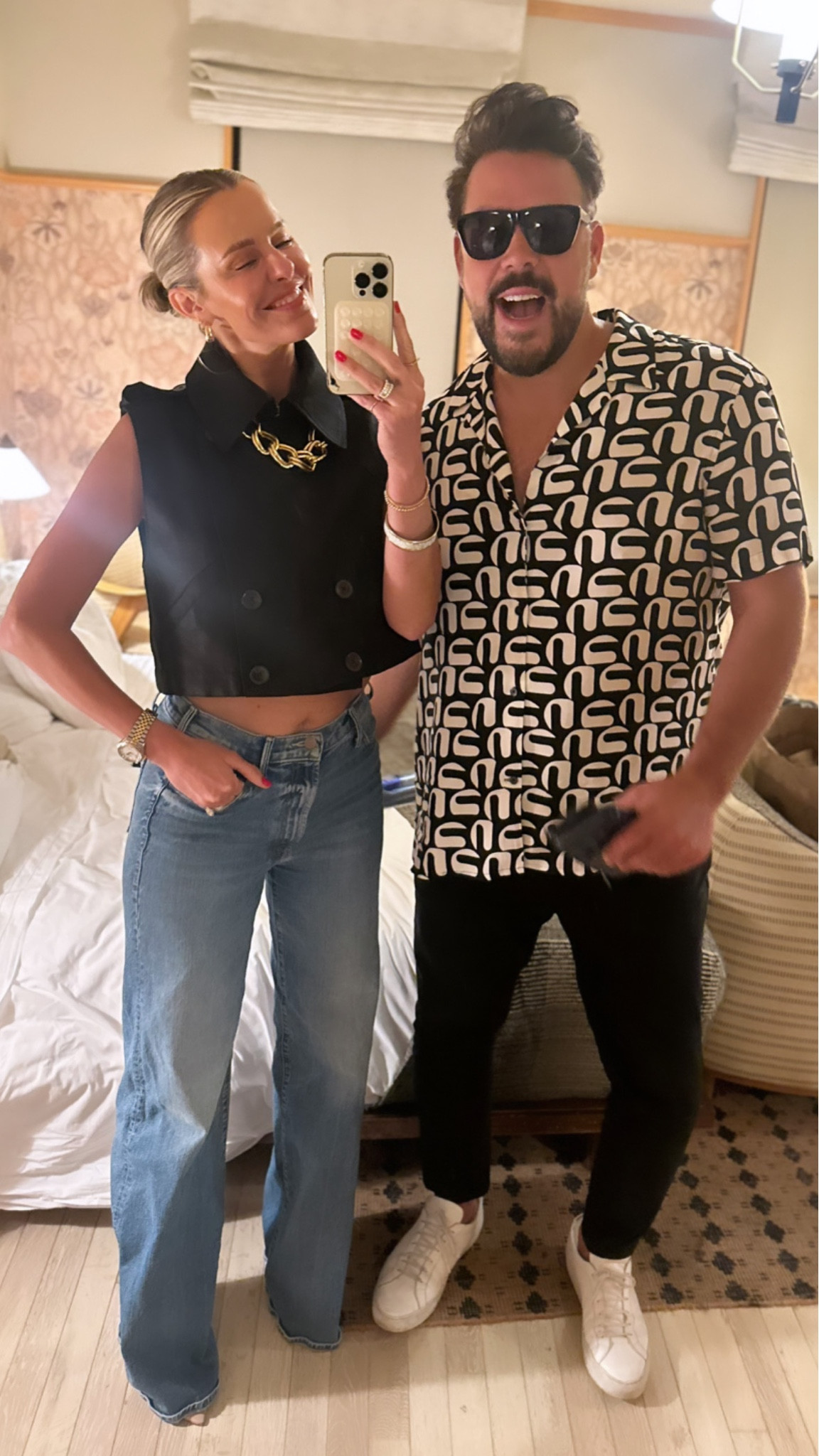 Date night in LA 🖤🩶// FYI I am absolutely in love with this cropped trench vest! Can’t wait to style it in the fall and winter layered over a turtleneck bodysuit! Also, Kyle’s printed shirt comes with matching swim shorts! // Sizing: Vest/4, jeans/26, Kyle wears XL in shirt & 36/34 in his favorite jeans that he has in every color…and they are included in the Nordstrom anniversary sale! 

#LTKxNSale #LTKmens #LTKunder100